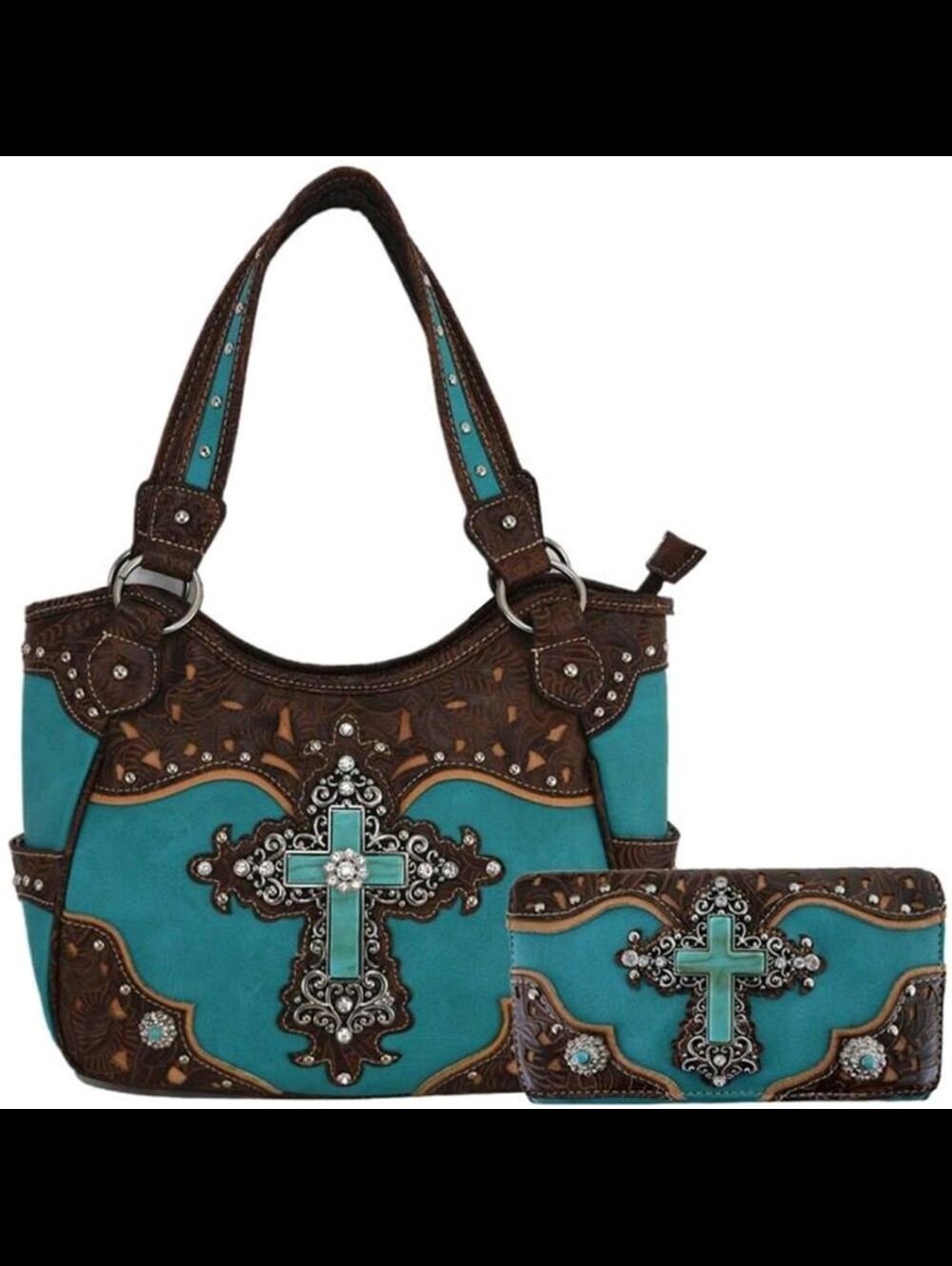 Turquoise Cross Embellished Tote and Wallet Set